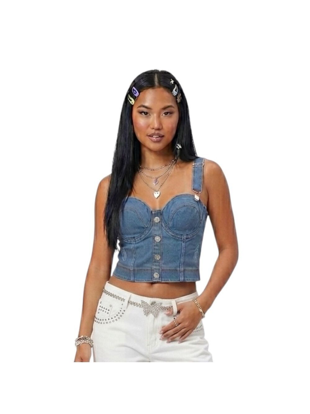 Y2K Denim Bustier Crop Top Corset Button Front Blue Jean Top L